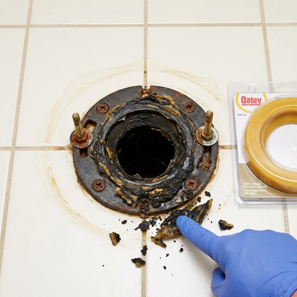 Failed wax ring showing water seepage at the base of a toilet in a London, KY home