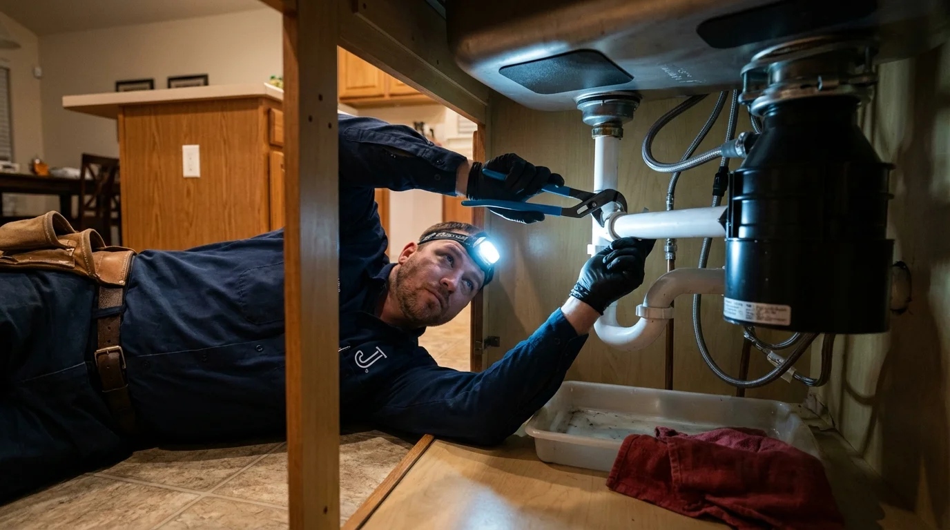 P-trap and supply line connections under a kitchen sink showing a common leak point in London, KY